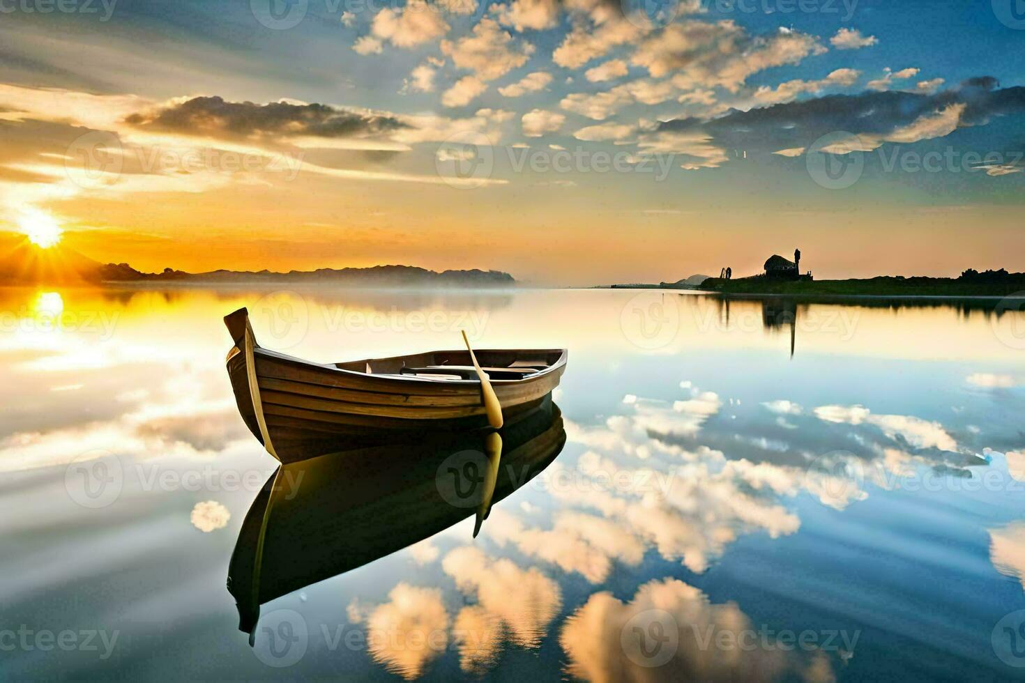 a boat is floating on the water at sunset. AI-Generated photo