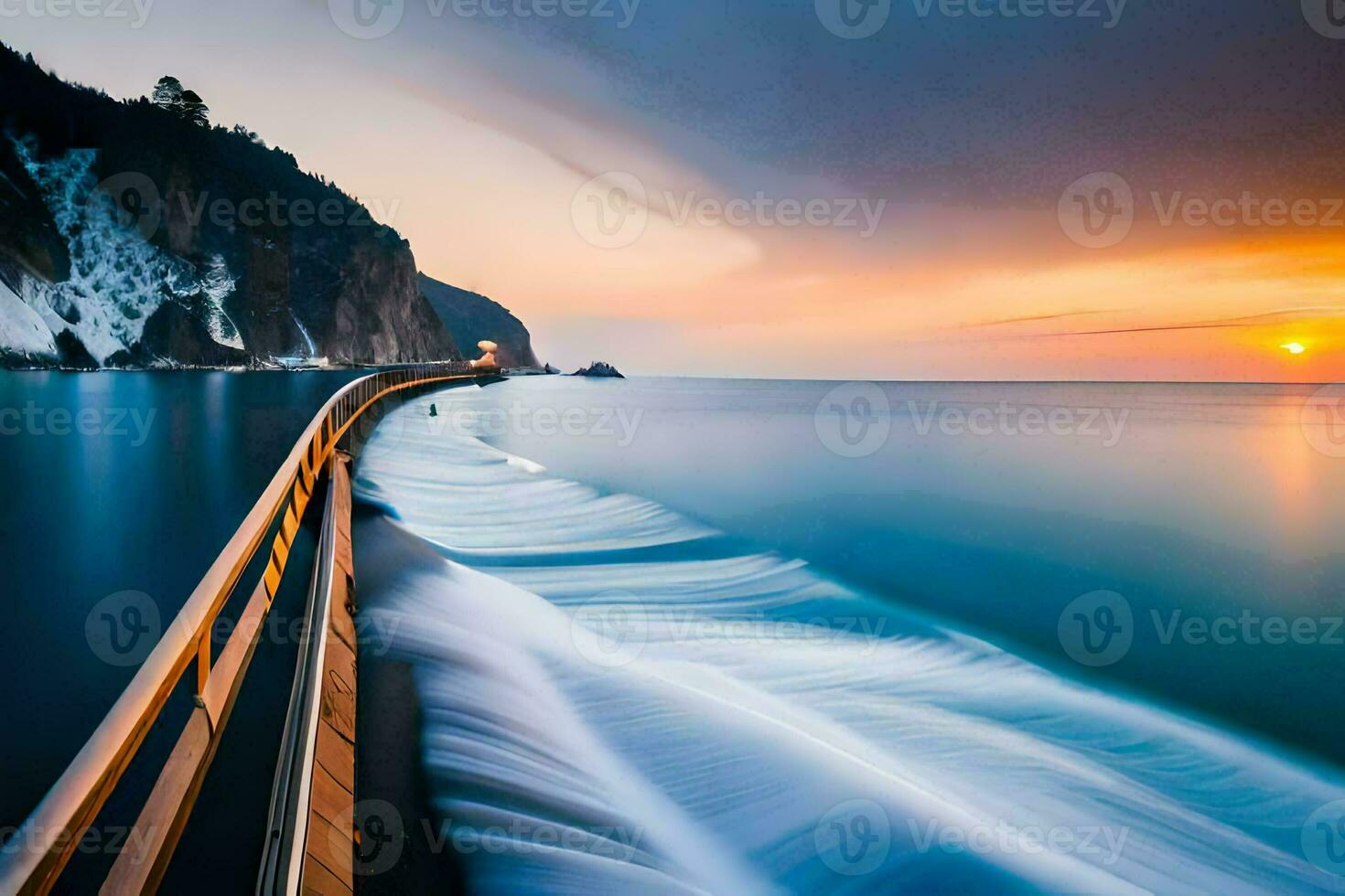 a long exposure photo of a body of water at sunset. AI-Generated