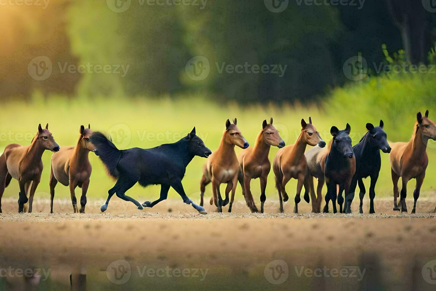 a herd of horses running across a field. AI-Generated photo