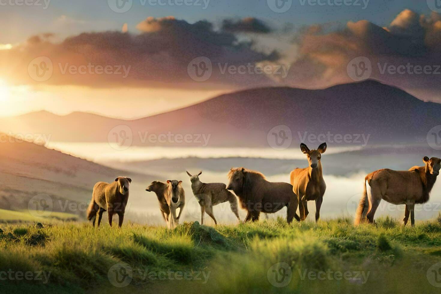 a herd of deer standing in the grass at sunset. AI-Generated photo