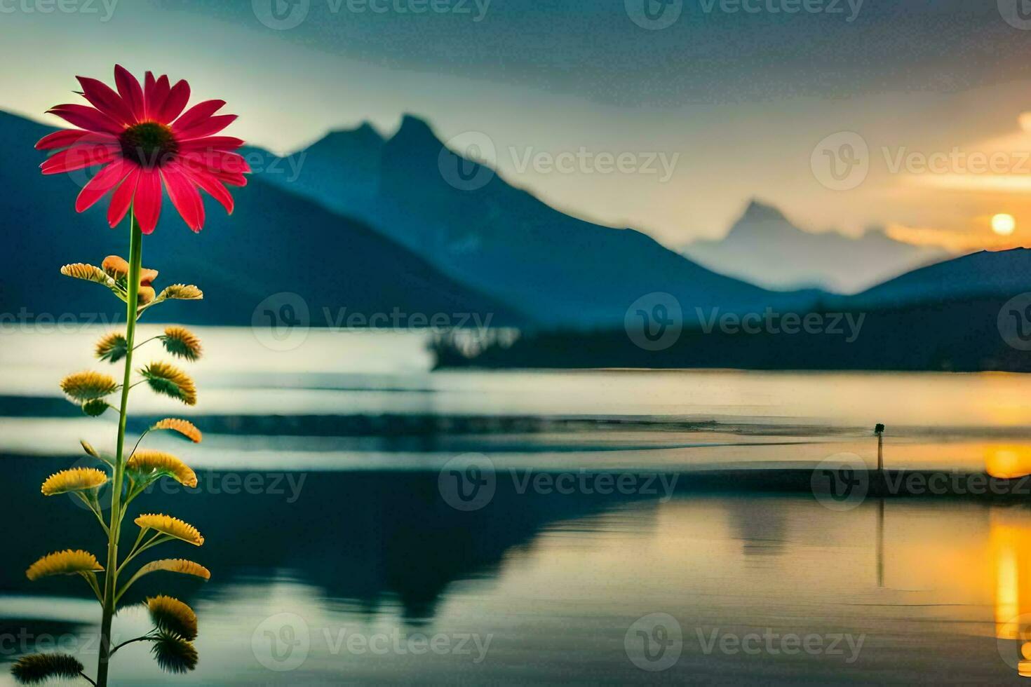 a red flower stands in front of a lake and mountains. AI-Generated photo