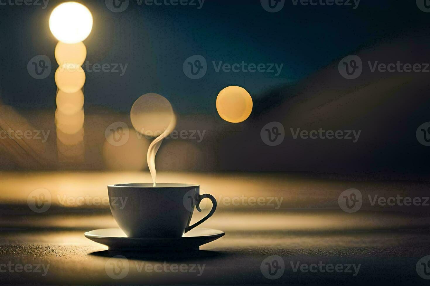a cup of coffee on a table in front of a blurry background. AI-Generated photo