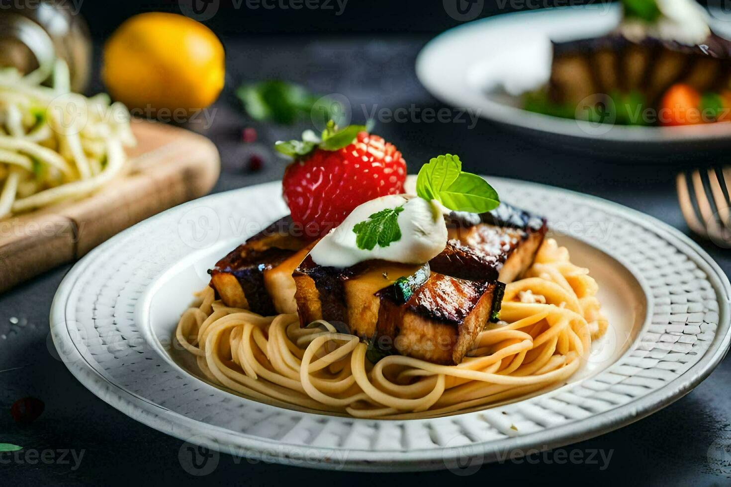 a plate of spaghetti with tofu and a strawberry. AI-Generated photo