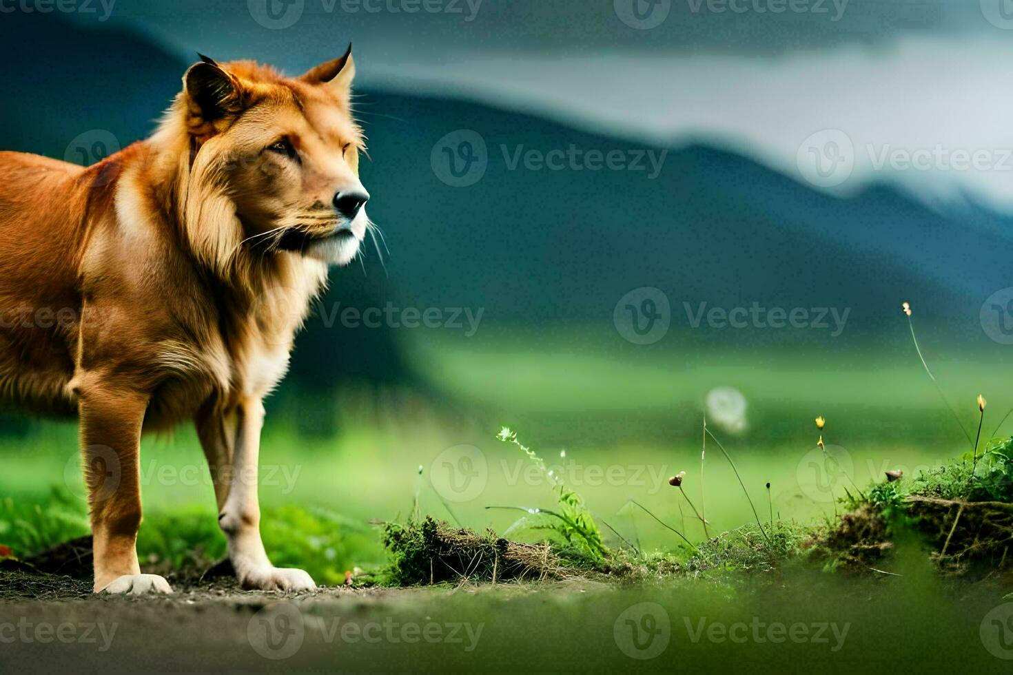 a lion standing in the grass with a mountain in the background. AI-Generated photo