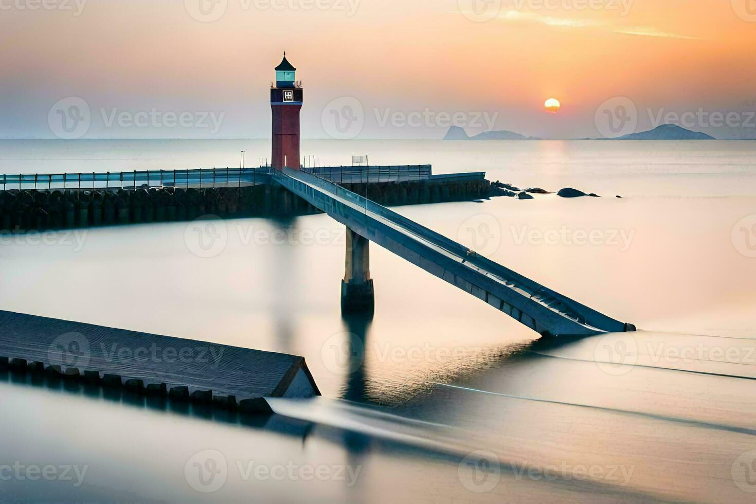 a long exposure photograph of a lighthouse at sunset. AI-Generated photo