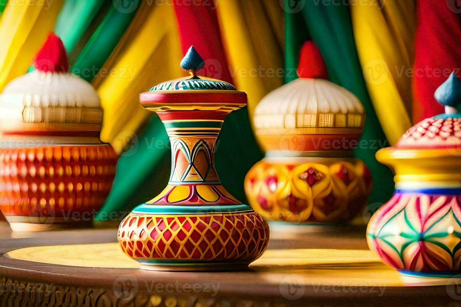 colorful vases on a table with colorful curtains. AI-Generated photo