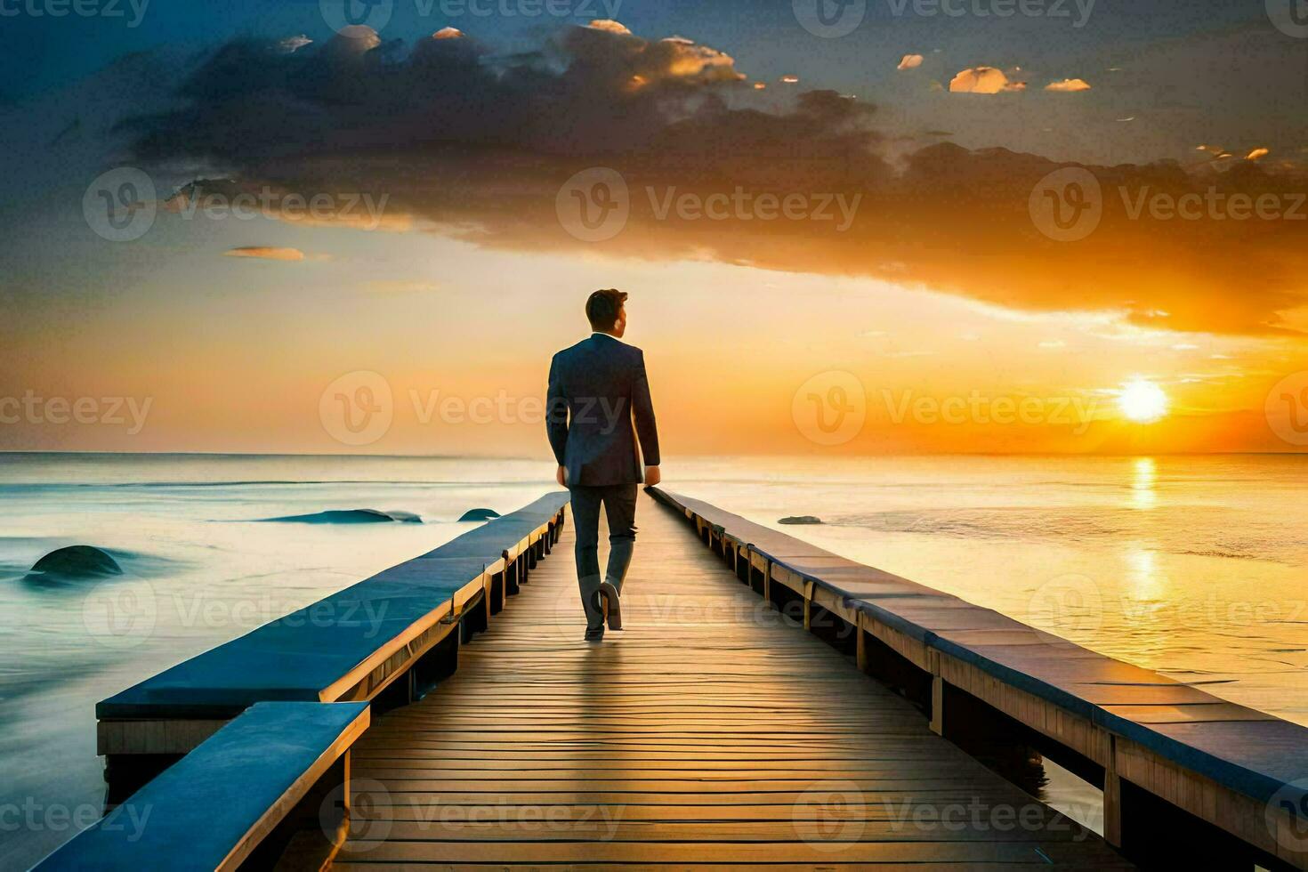 a man in a suit walks on a pier at sunset. AI-Generated photo