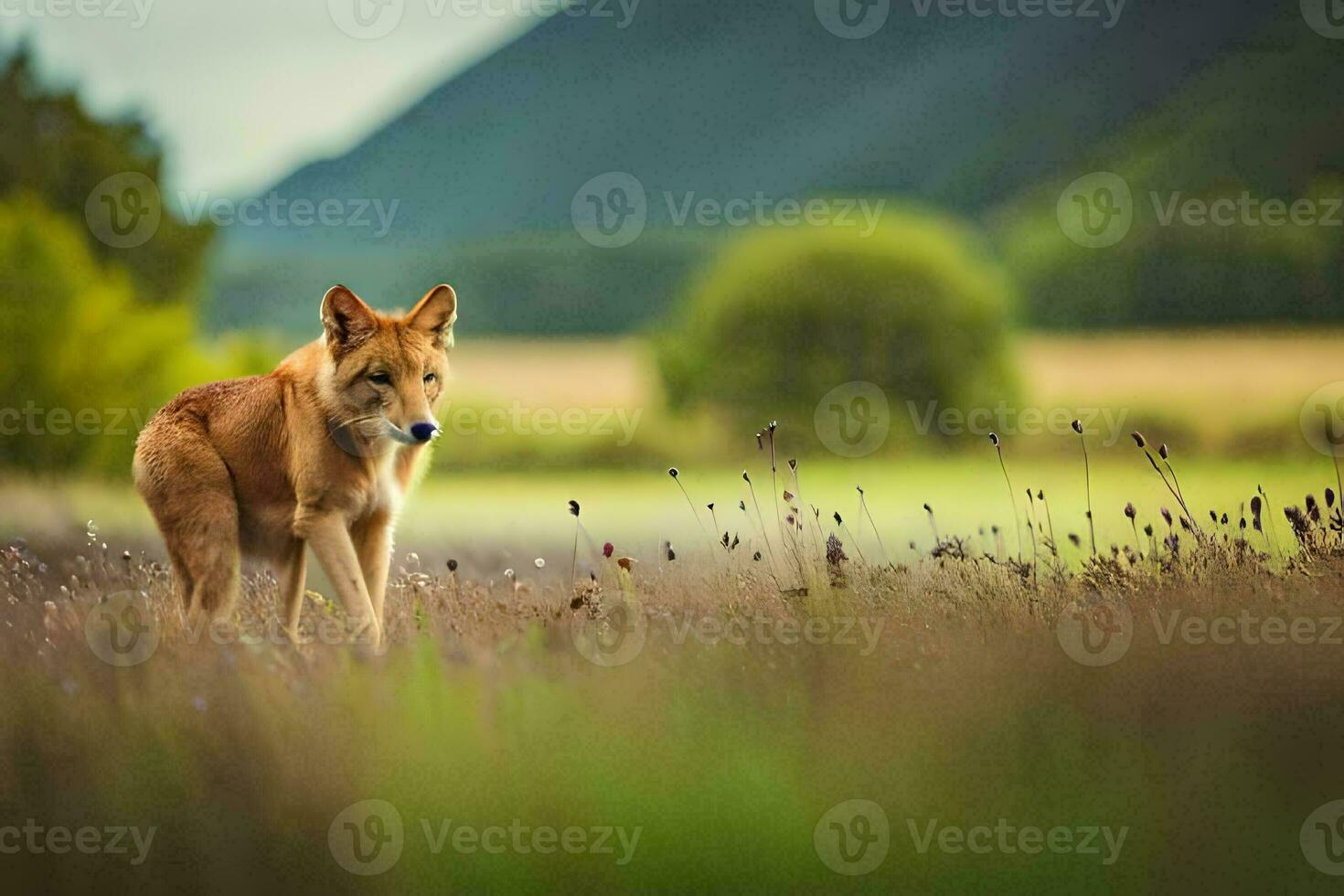 a dingo is walking through a field of tall grass. AI-Generated photo