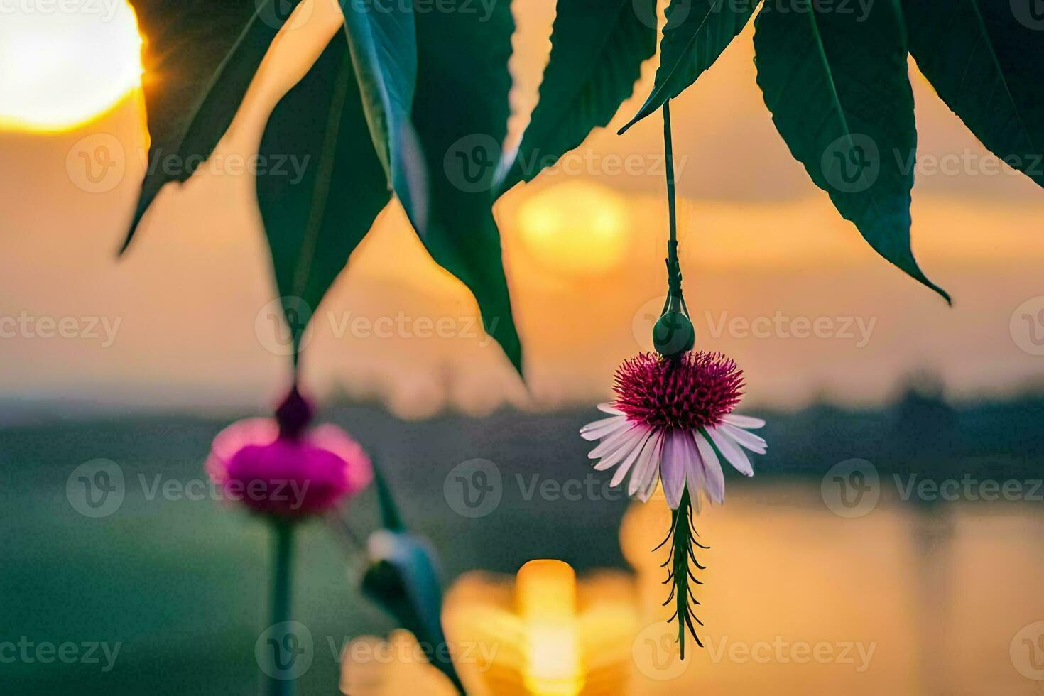 a flower hanging from a tree at sunset. AI-Generated photo