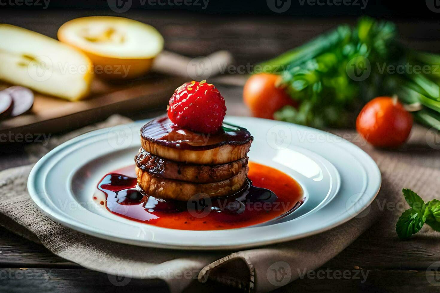 a stack of pancakes with berries and syrup. AI-Generated photo