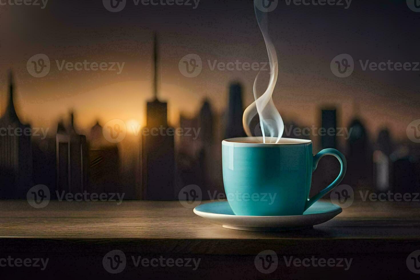 coffee cup with cityscape in the background. AI-Generated photo
