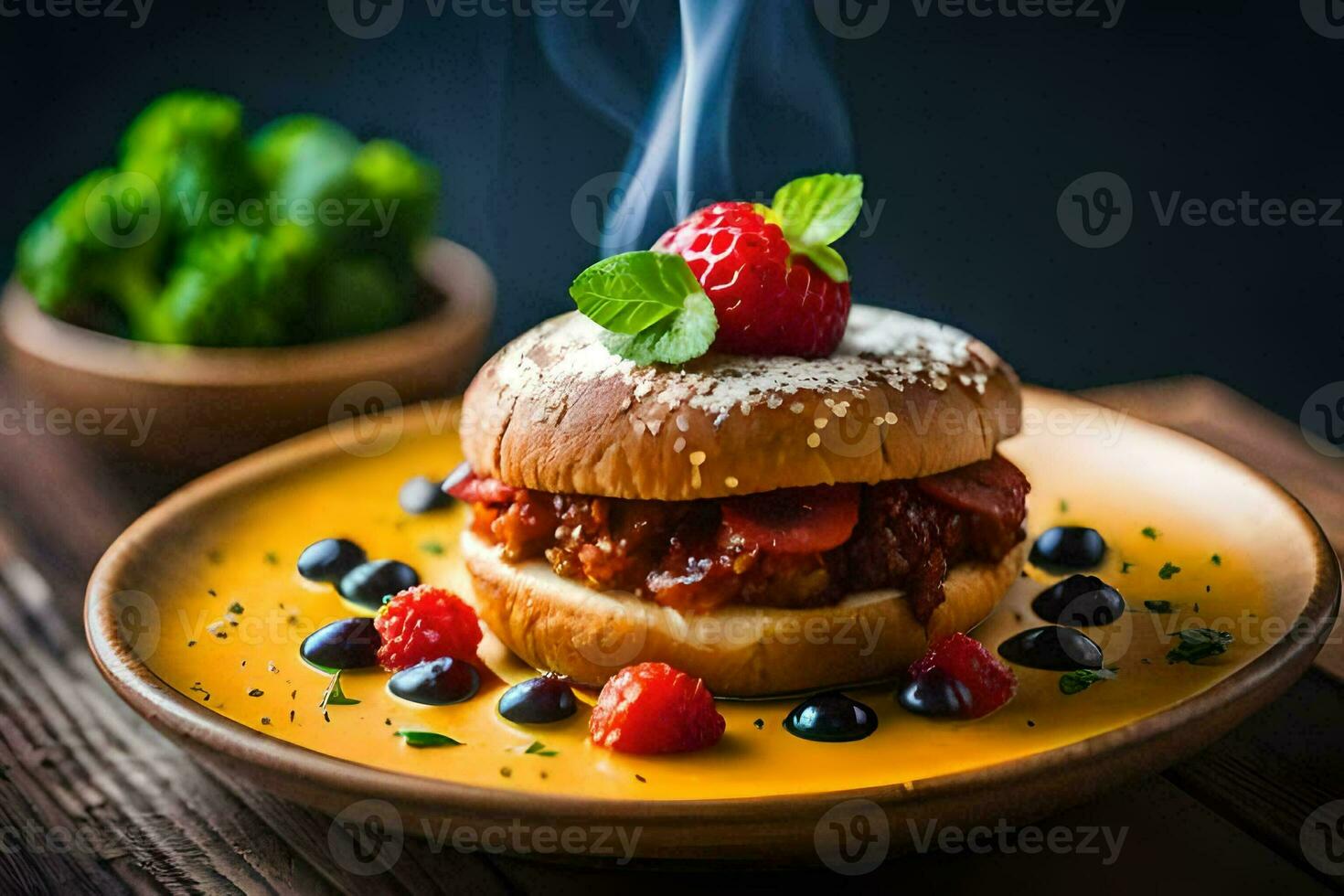 a hamburger with berries and mint on a plate. AI-Generated photo