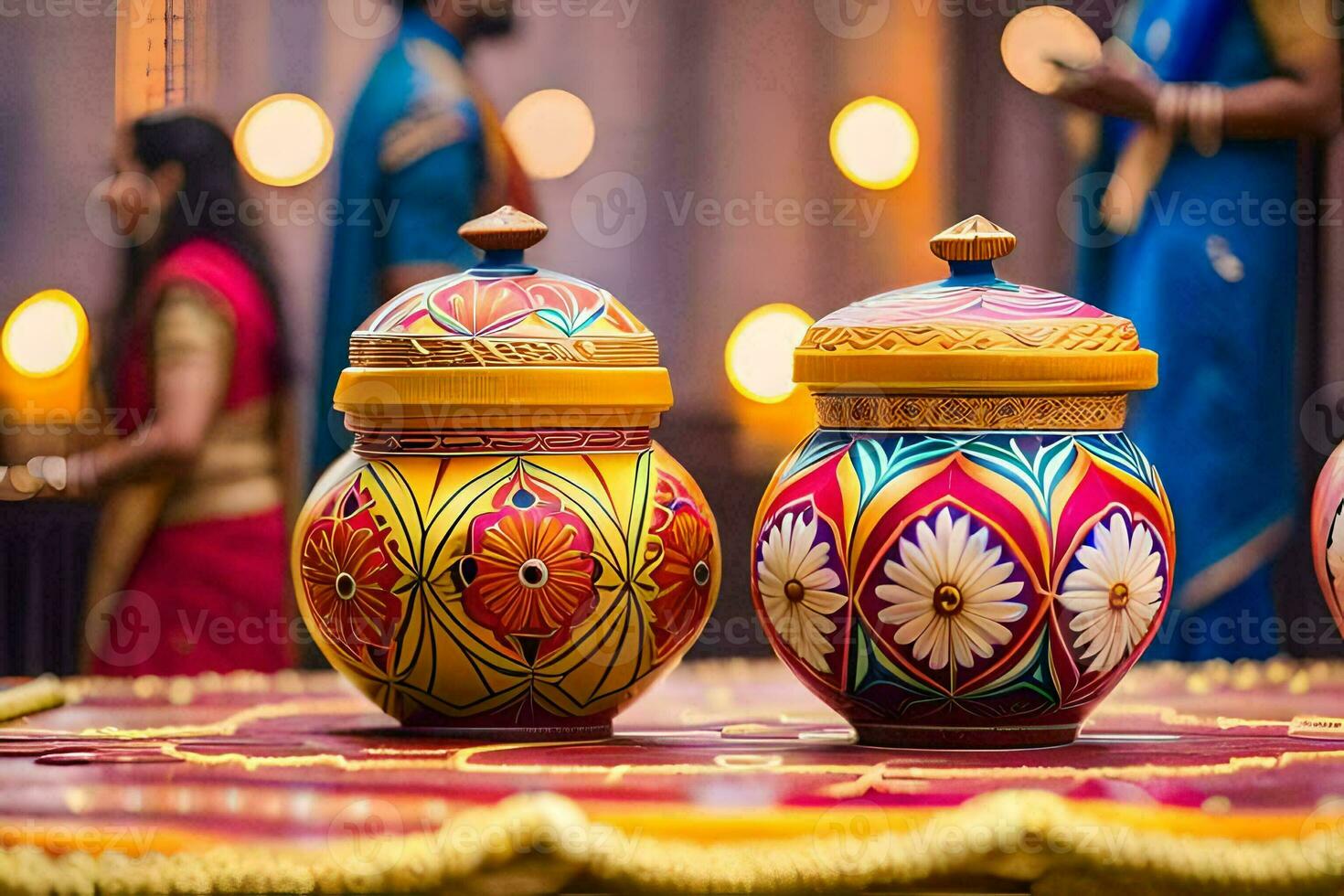 colorful pots on a table with candles in the background. AI-Generated photo