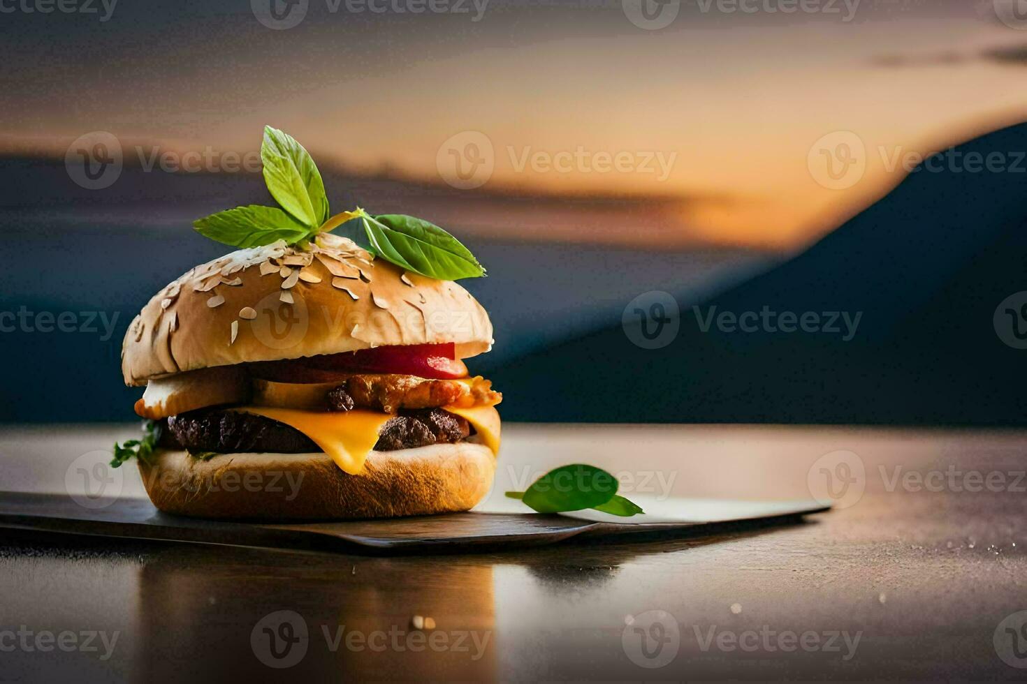 a hamburger with cheese and lettuce on a black plate. AI-Generated photo
