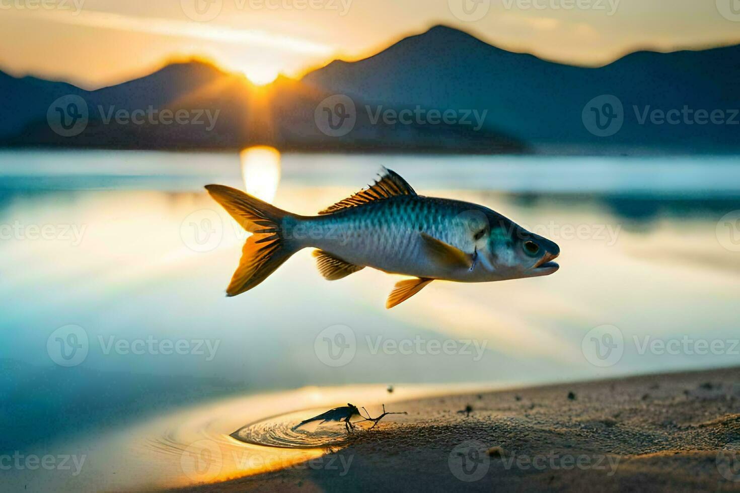 a fish jumping out of the water at sunset. AI-Generated photo