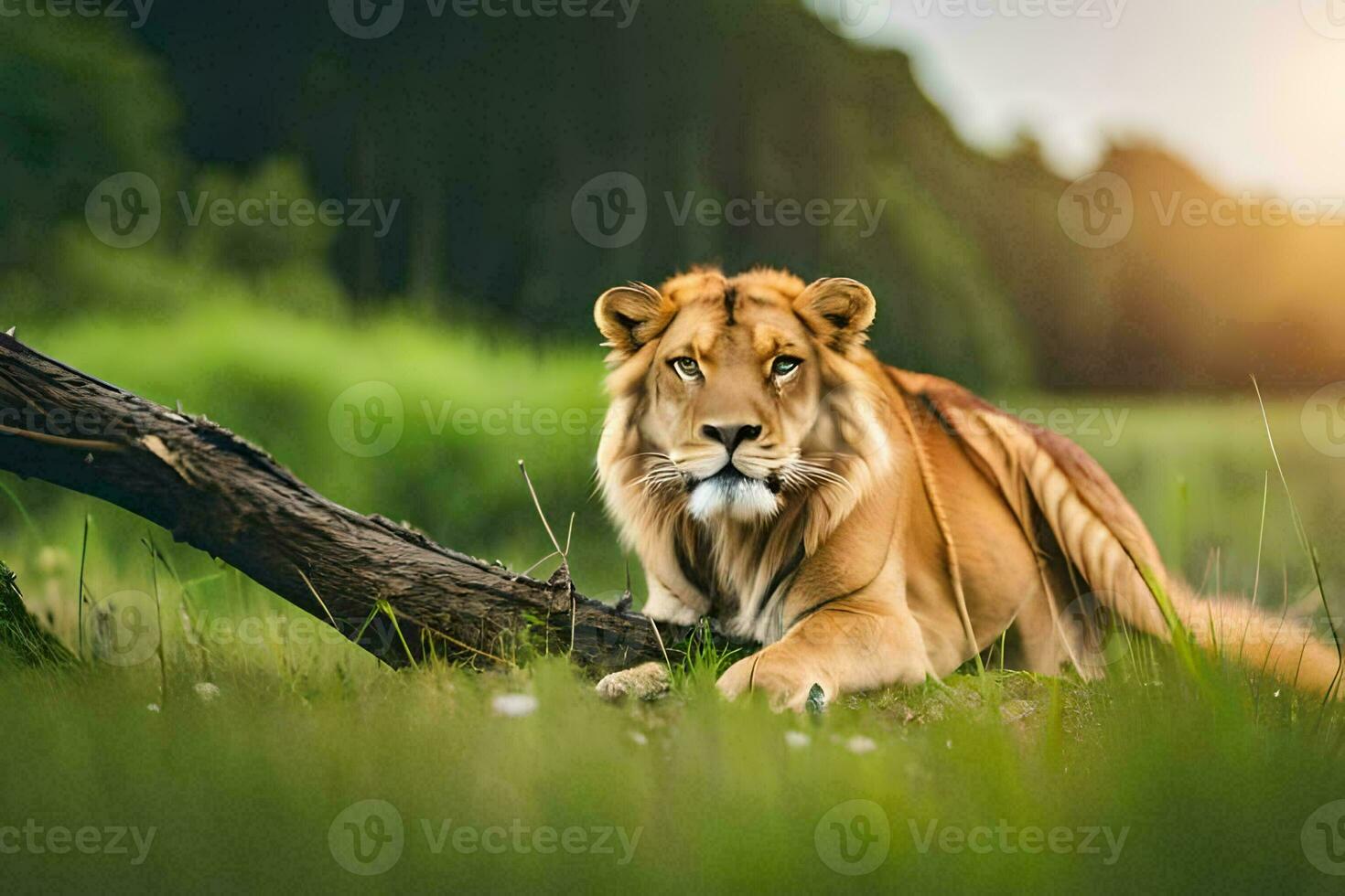 a lion is sitting on the grass in the middle of a field. AI-Generated photo