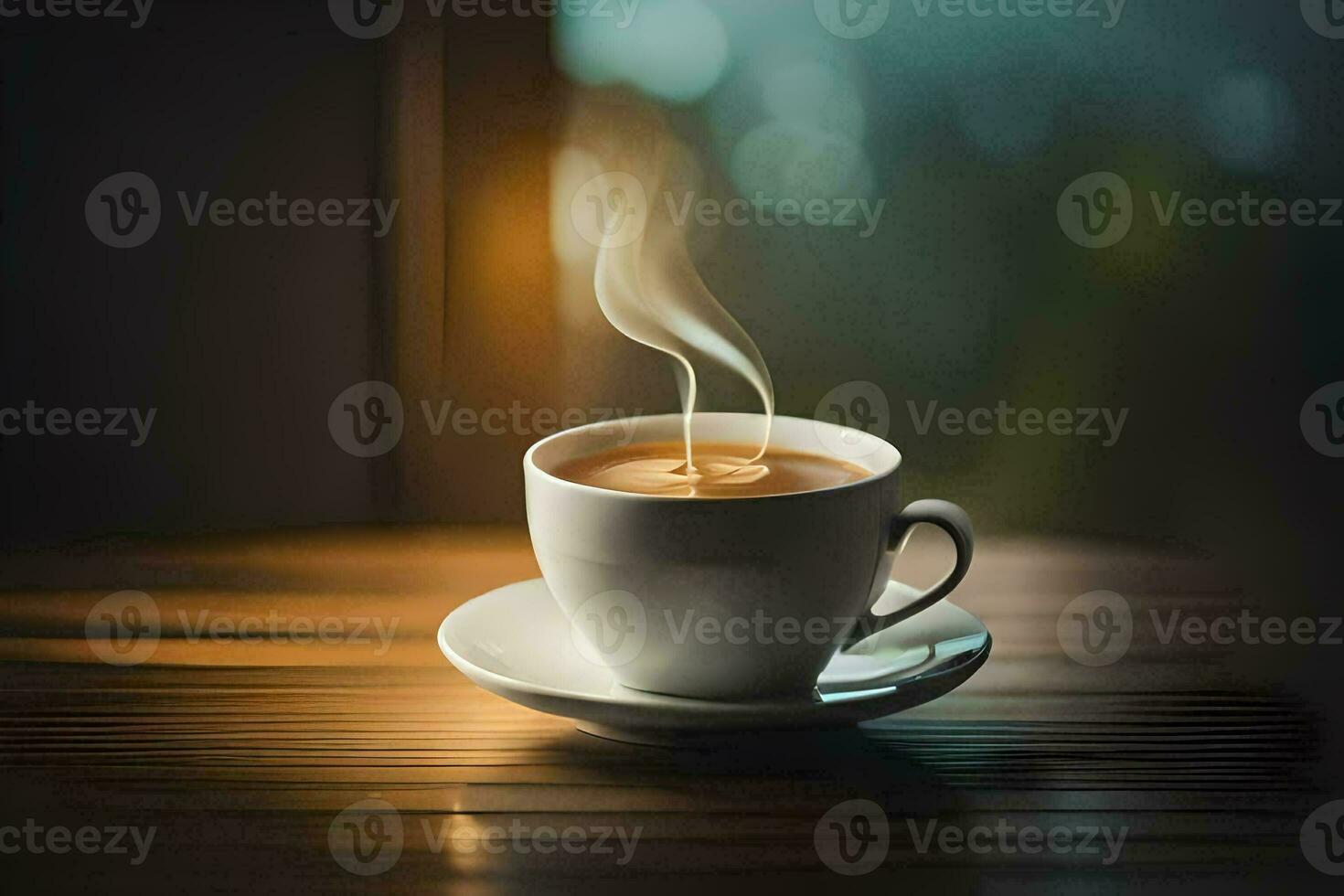 a cup of coffee on a wooden table. AI-Generated photo