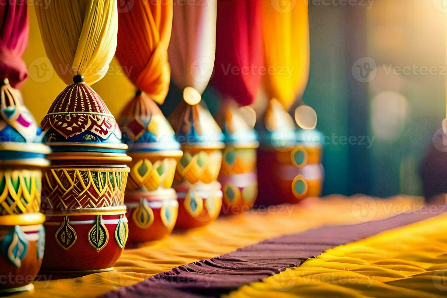 colorful vases lined up on a table. AI-Generated photo