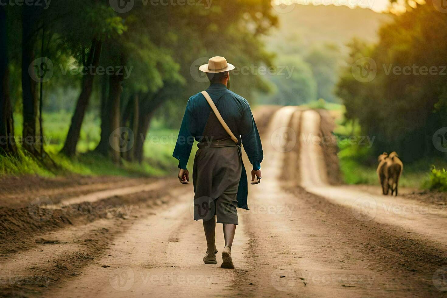 a man walking down a dirt road with a cow. AI-Generated photo