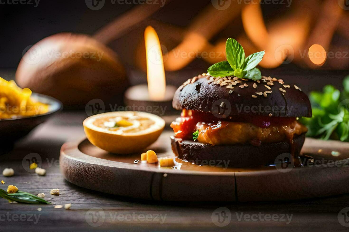 a burger with cheese, sauce and herbs on a wooden plate. AI-Generated photo