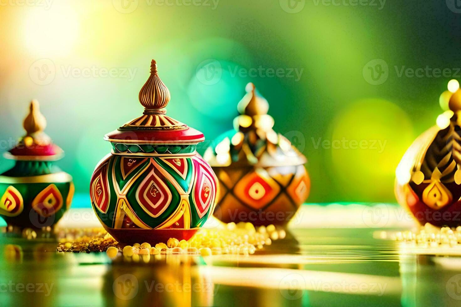 colorful diyas on a table with bright lights. AI-Generated photo