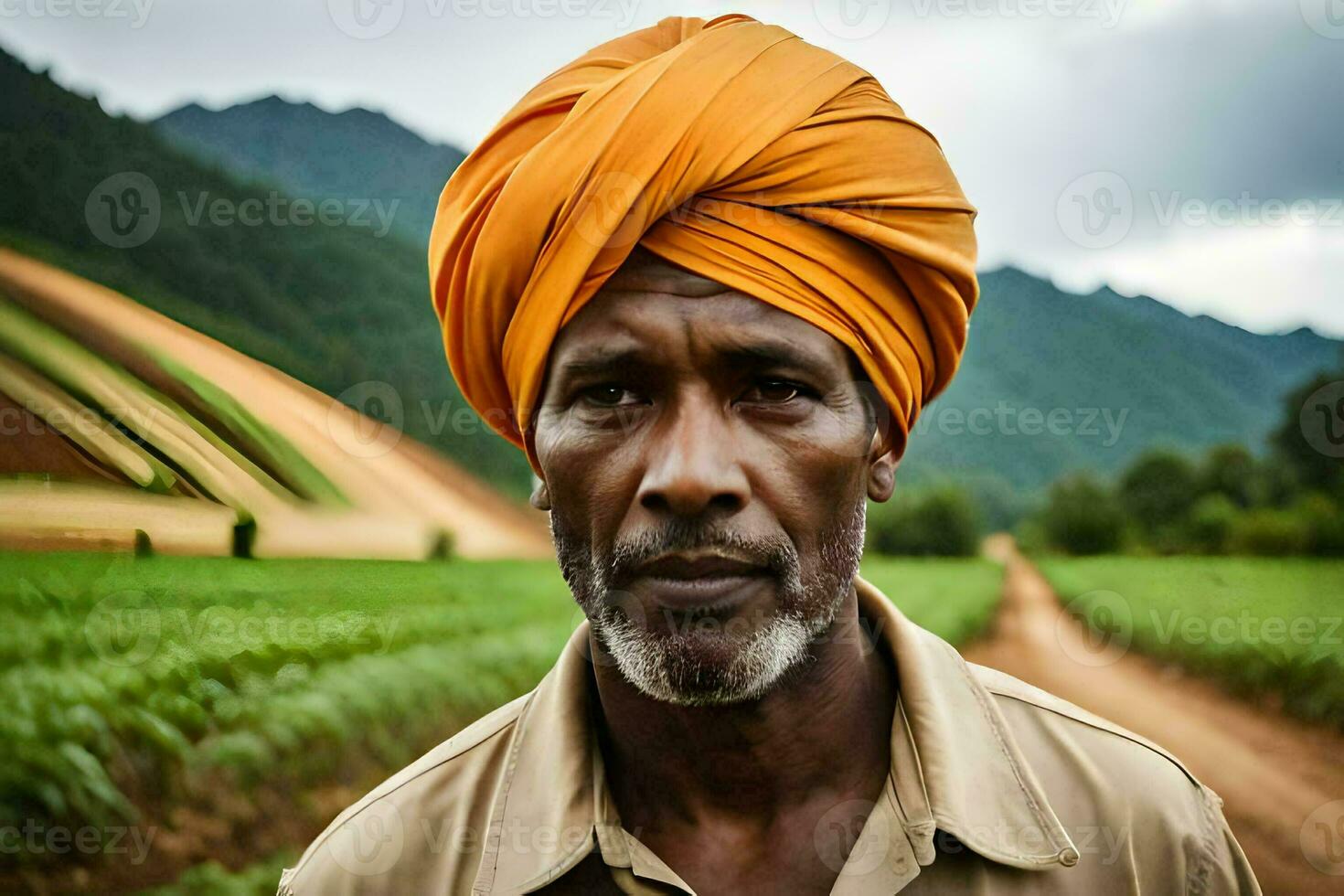 a man wearing an orange turban stands in a field. AI-Generated photo