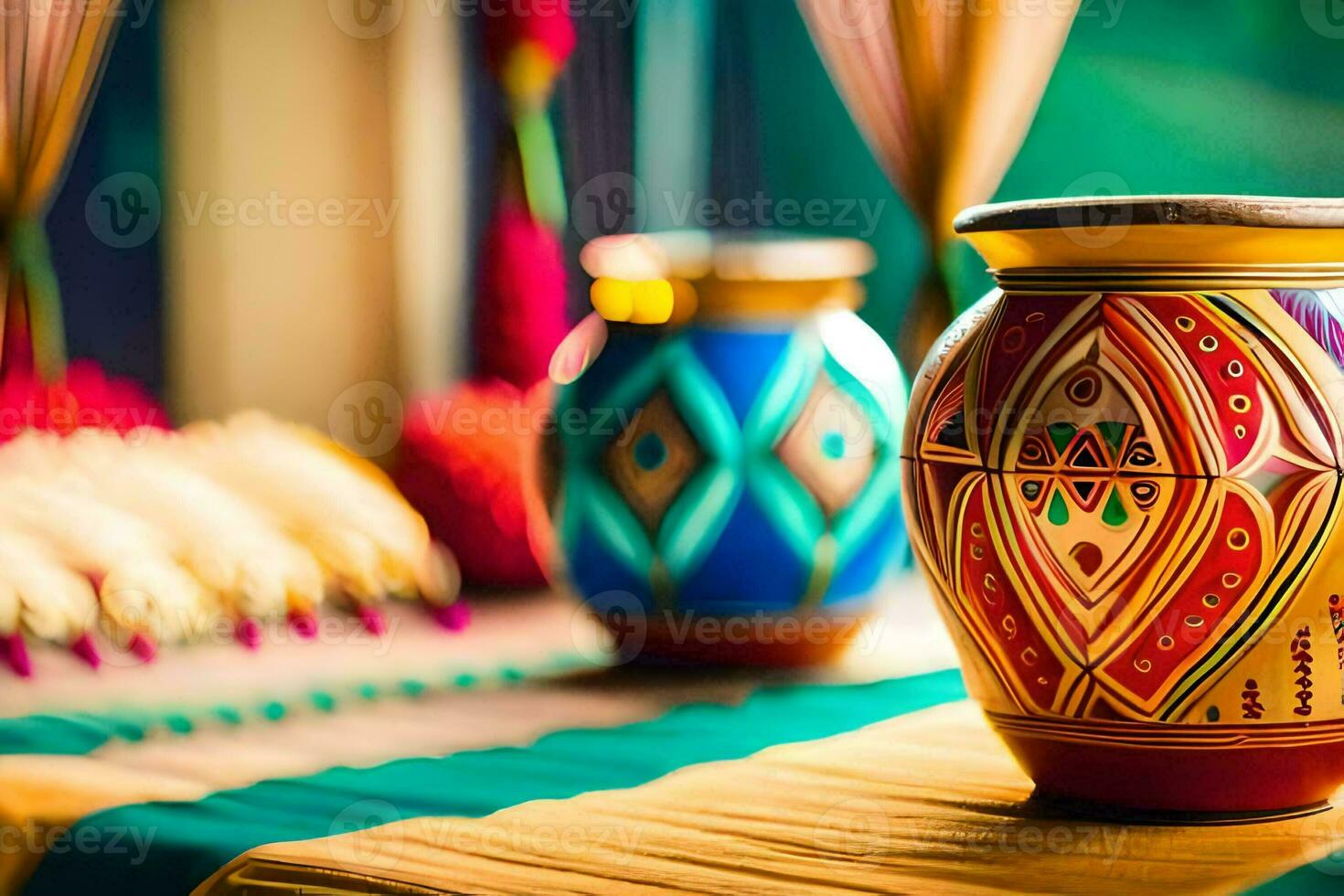 colorful vases on a table with colorful curtains. AI-Generated photo