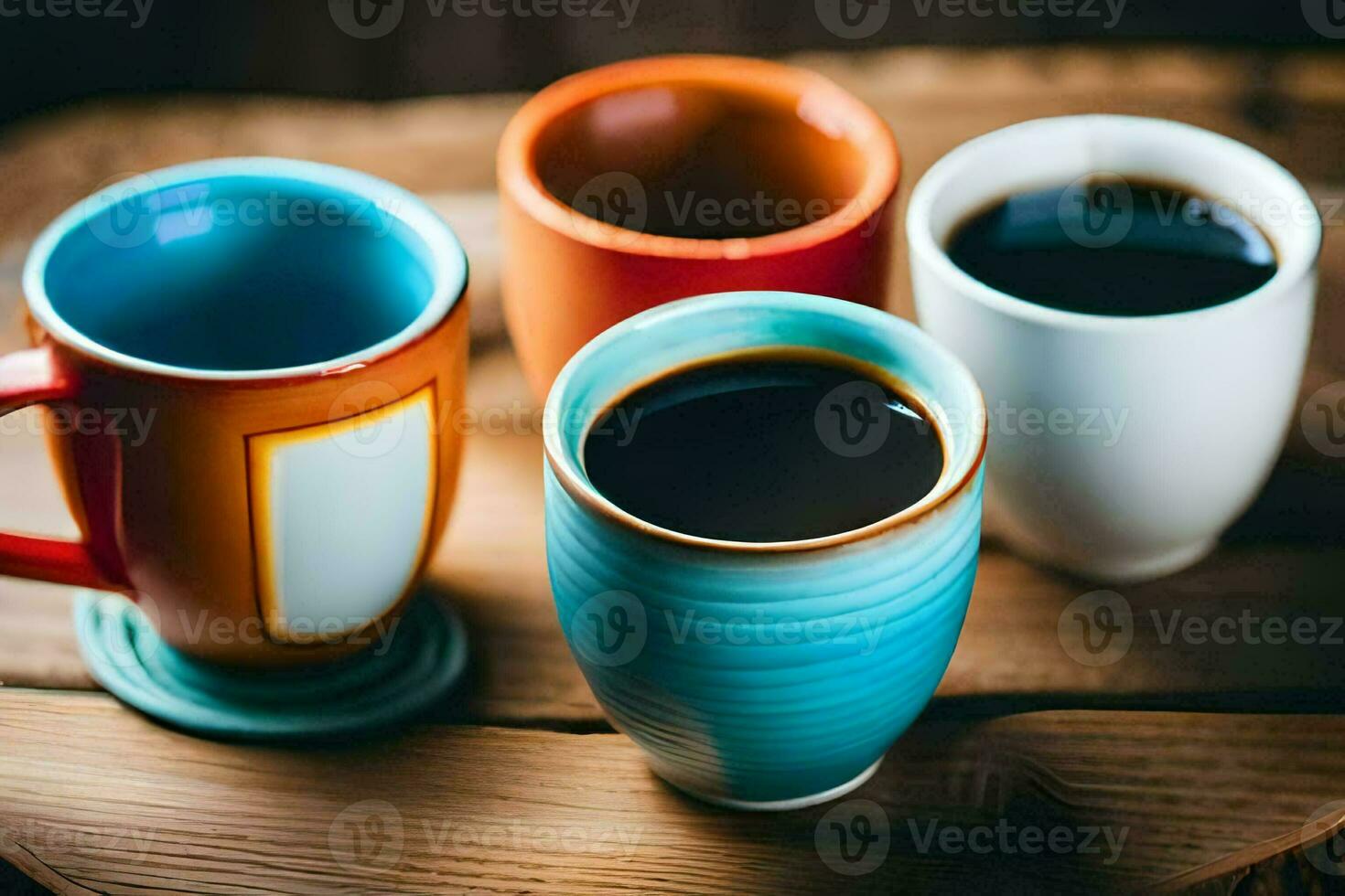 four different colored coffee cups on a wooden table. AI-Generated photo