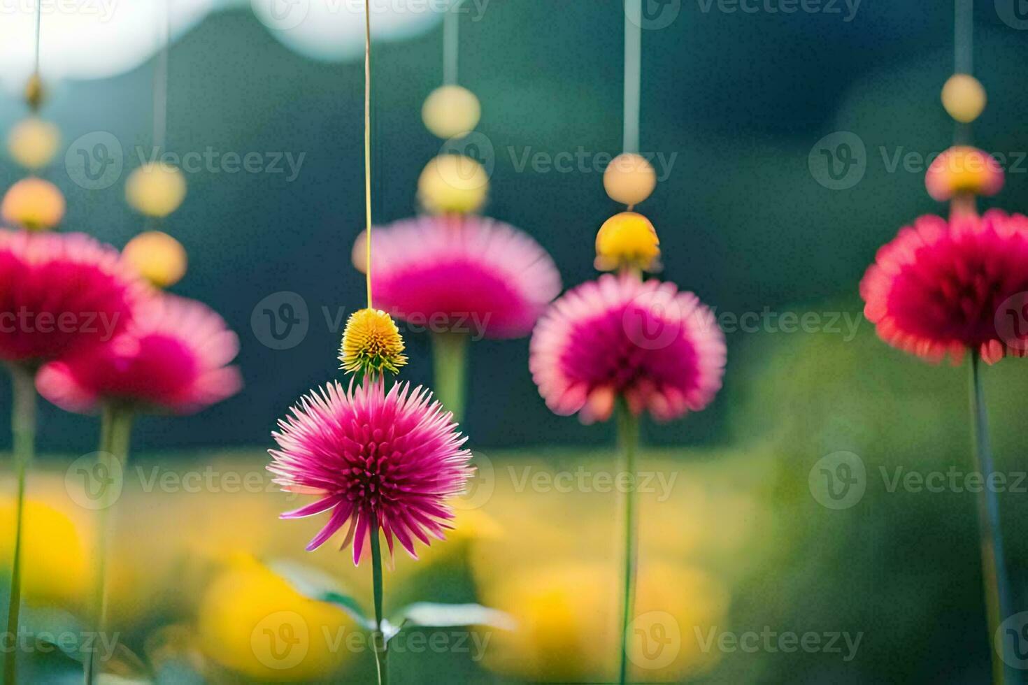 many colorful flowers hanging from strings. AI-Generated photo