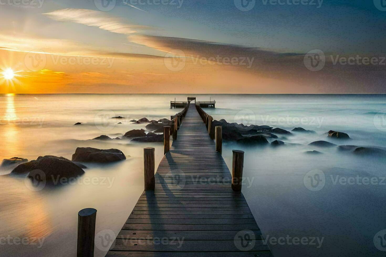 a long exposure photograph of a pier stretching into the ocean. AI-Generated photo