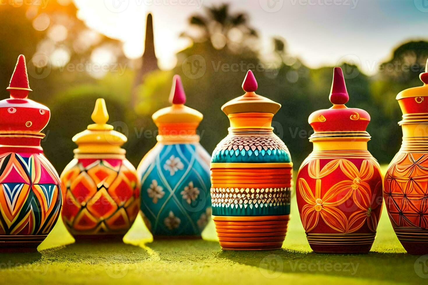 colorful vases lined up on grass. AI-Generated photo