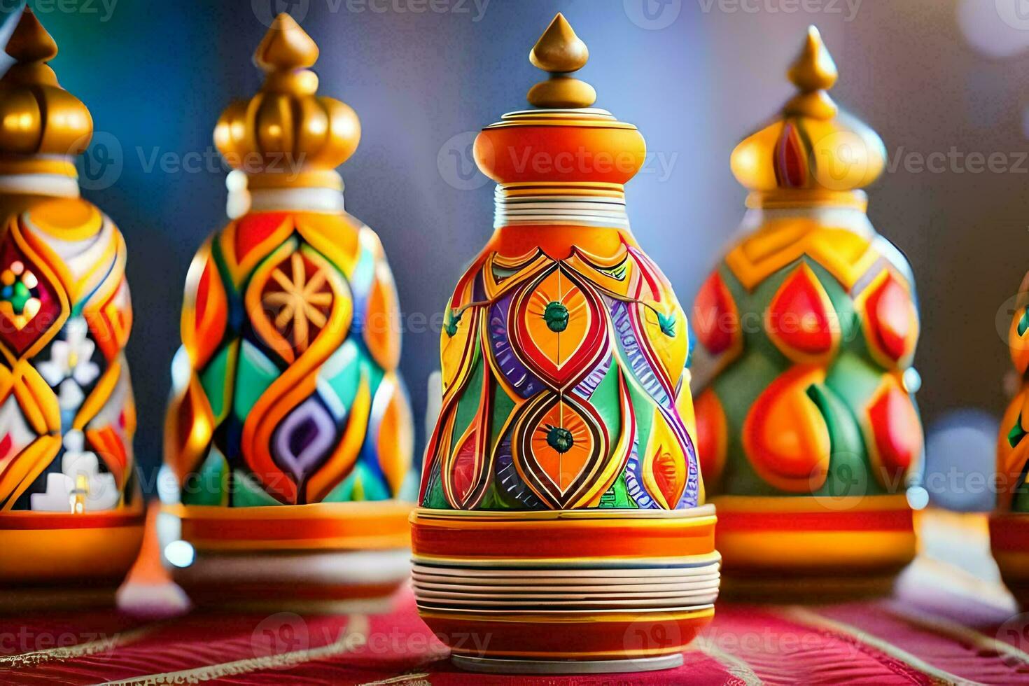 colorful painted wooden vases on a red table. AI-Generated photo