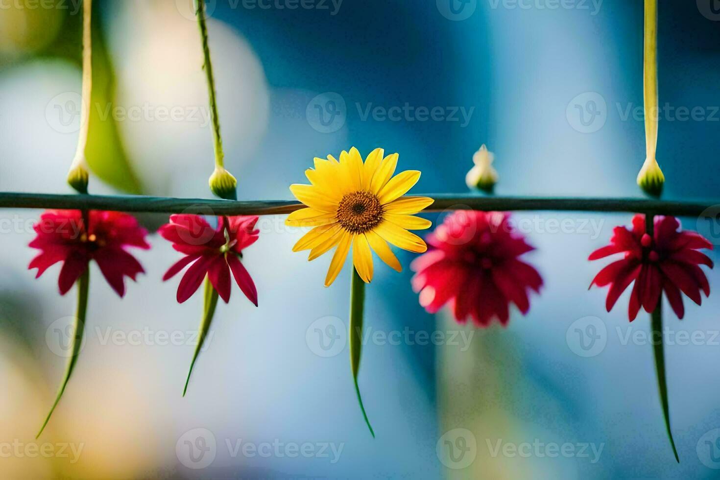 colorful flowers hanging from a wire. AI-Generated photo