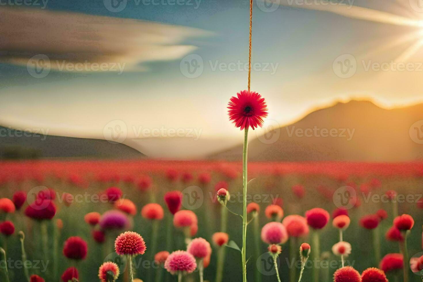a red flower in a field with the sun setting behind it. AI-Generated photo