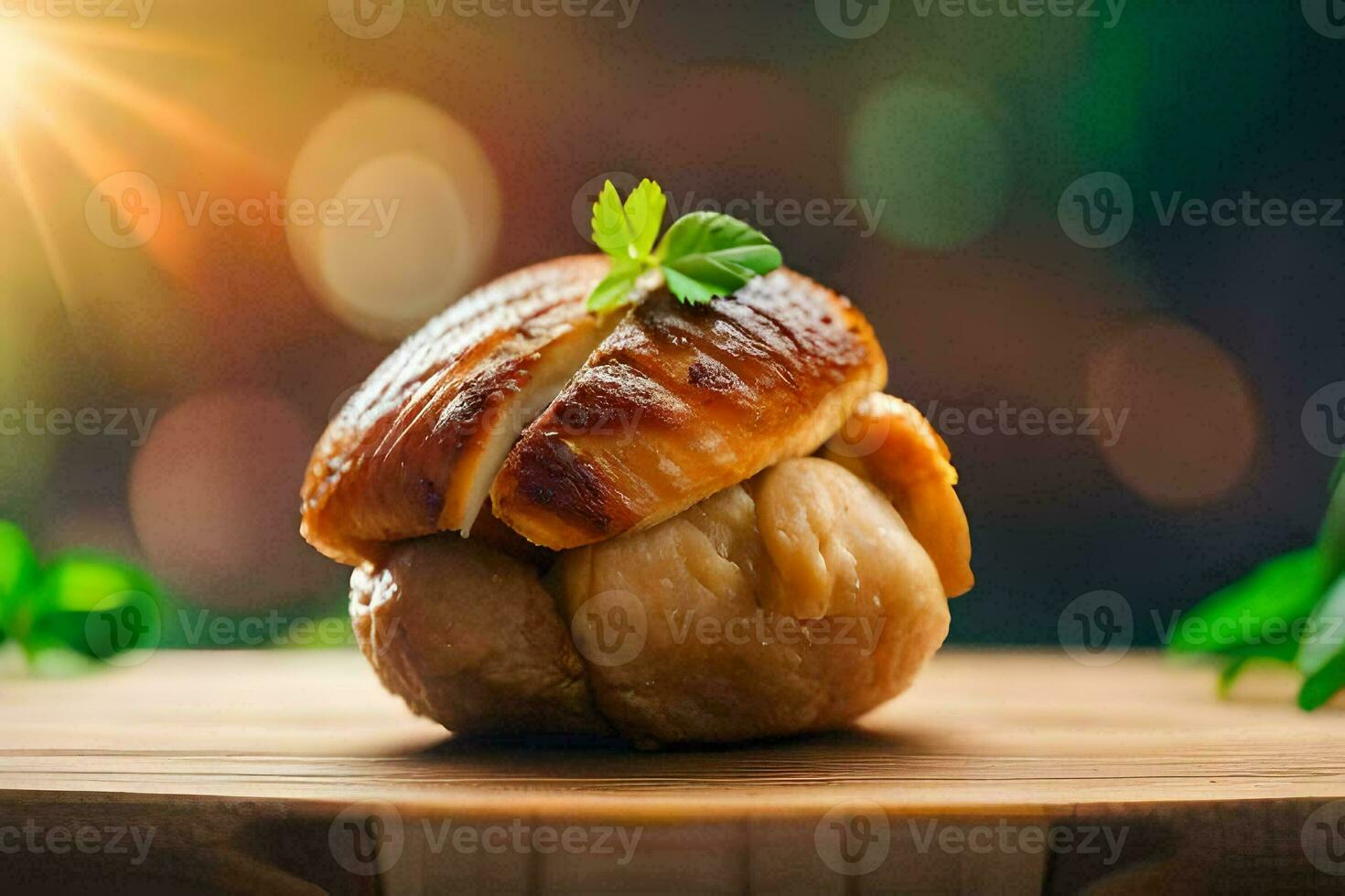 a stuffed mushroom on a wooden cutting board. AI-Generated photo