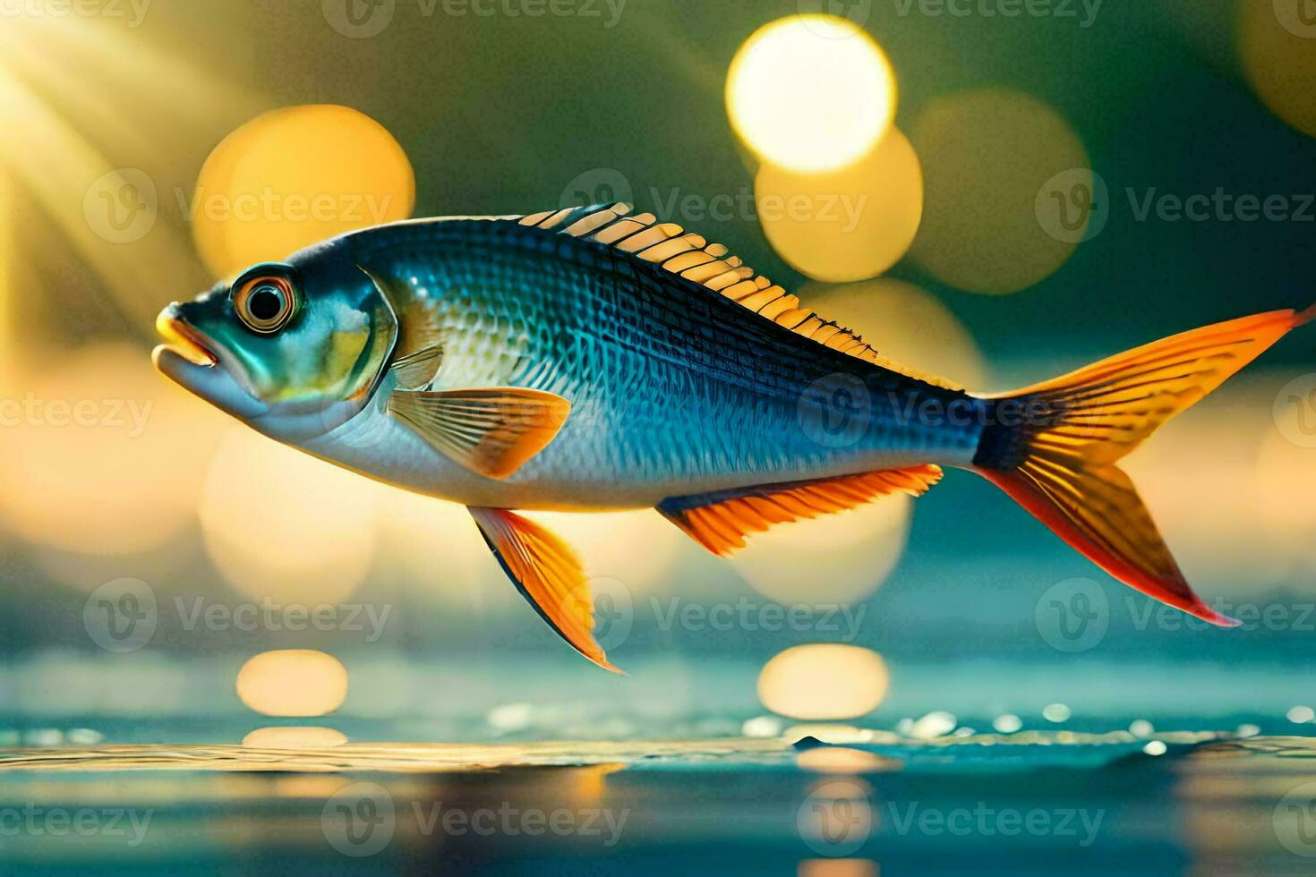 a fish is jumping in the water with a bright light behind it. AI-Generated photo