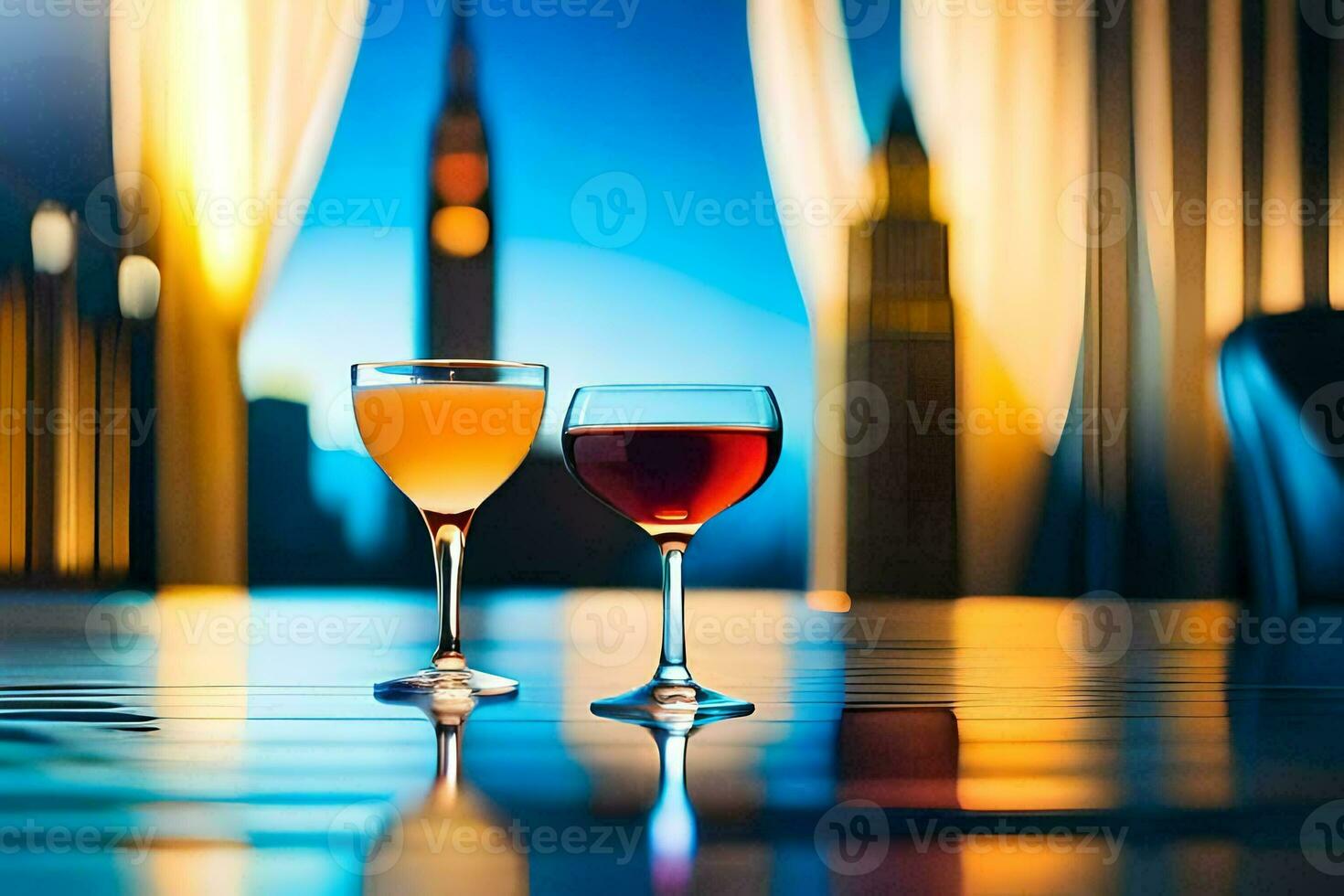 two glasses of wine on a table in front of a city skyline. AI-Generated photo