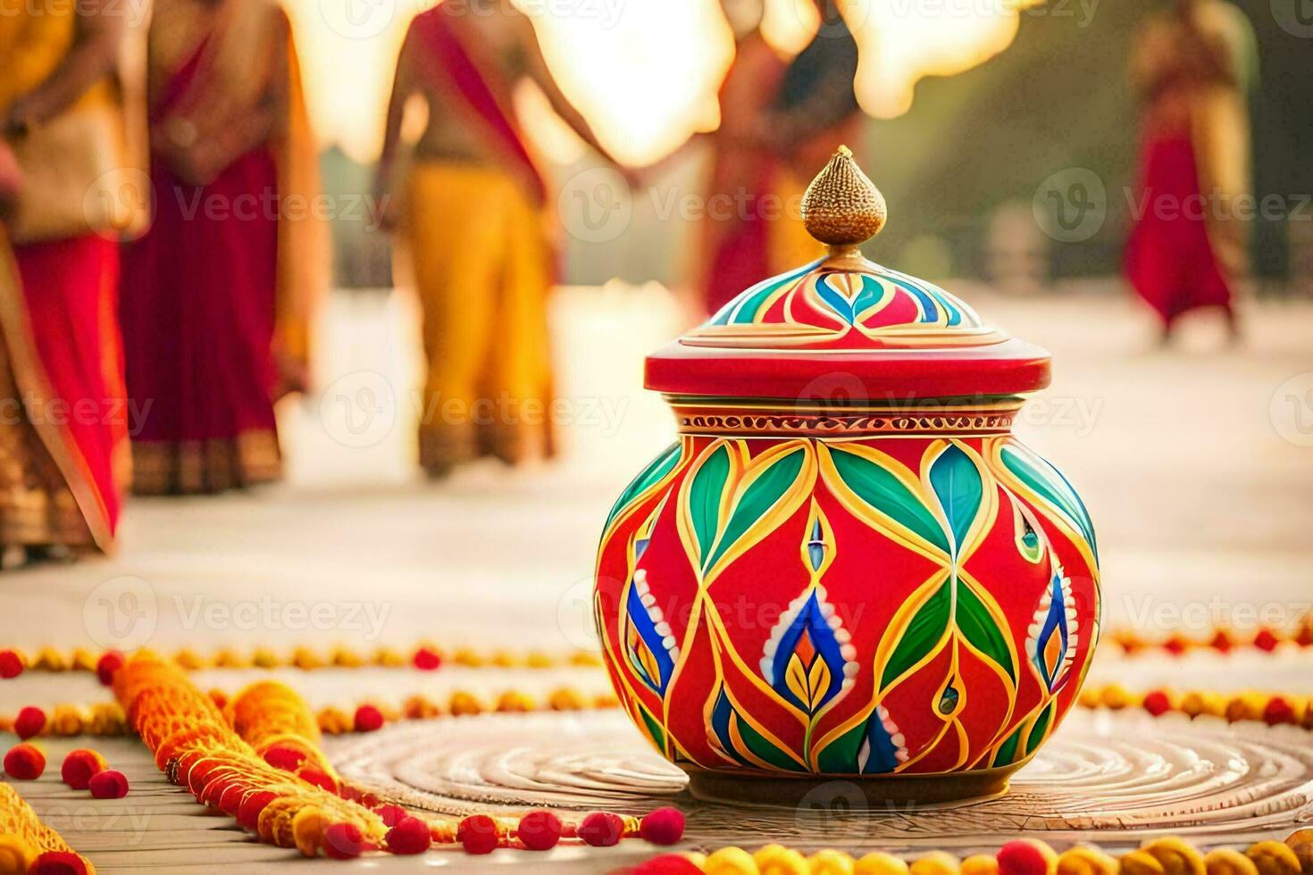 a colorful pot sitting on a wooden floor with people in the background. AI-Generated photo