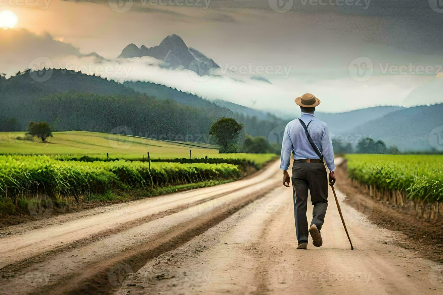 a man walking down a dirt road with cane. AI-Generated photo