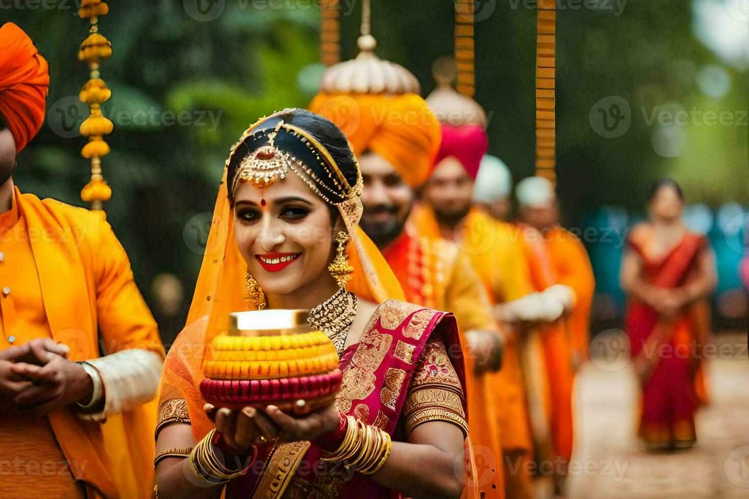 indian bride in orange dress holding a candle. AI-Generated photo