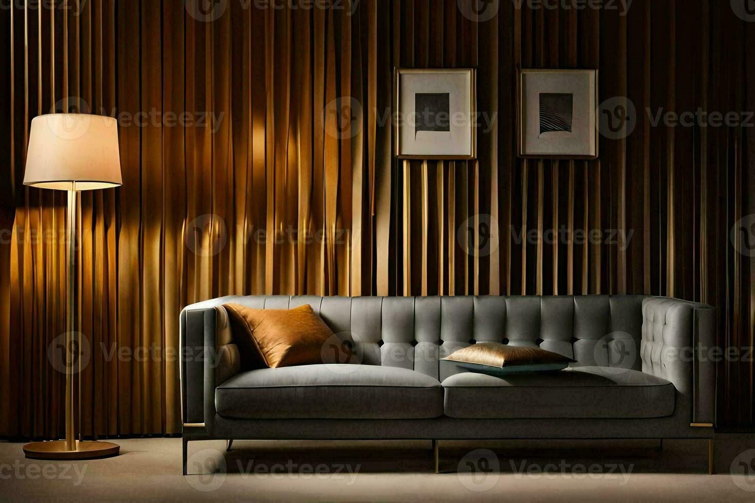 a modern sofa in front of a wall with wooden panels. AI-Generated photo