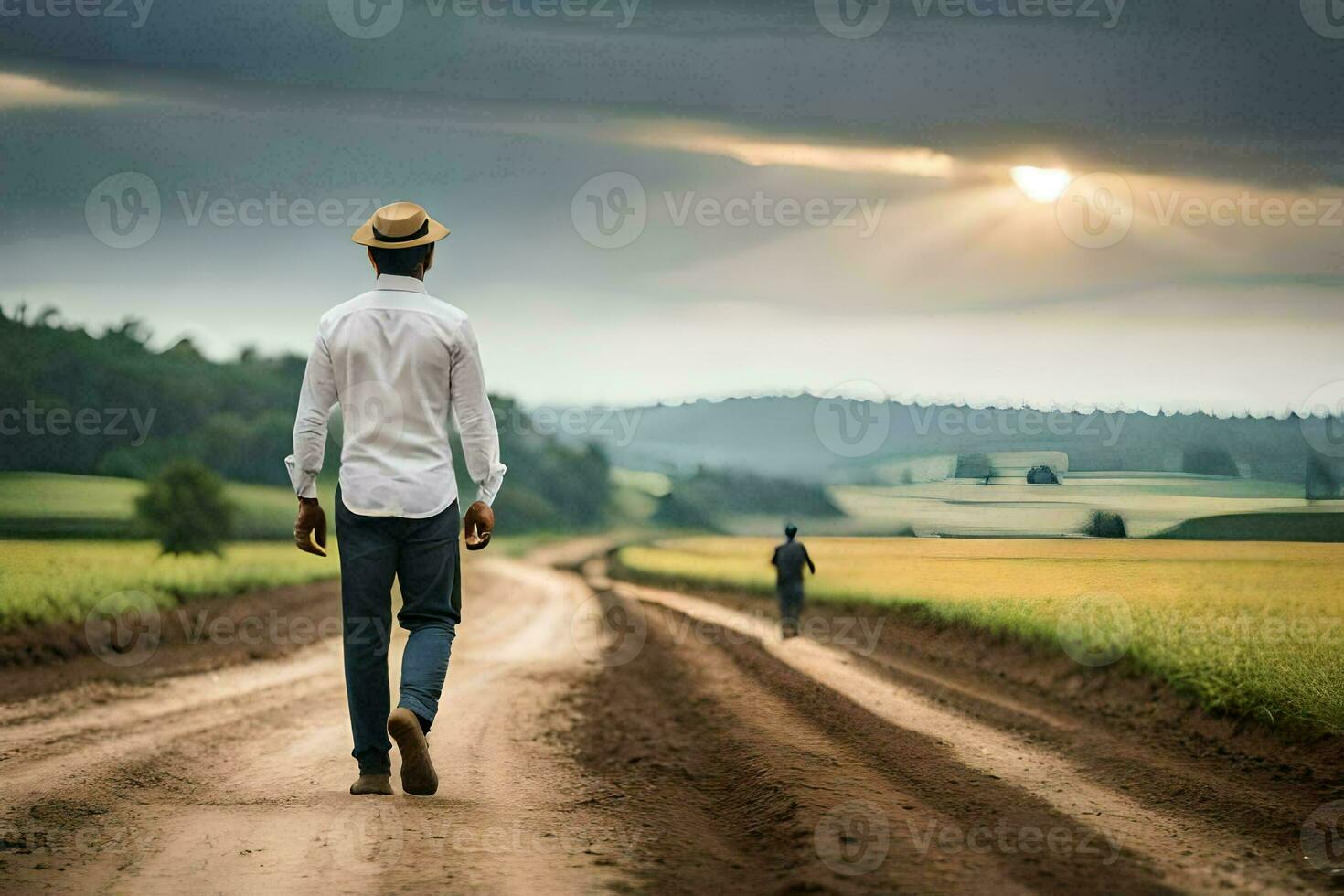 a man walking down a dirt road with a field in the background. AI-Generated photo