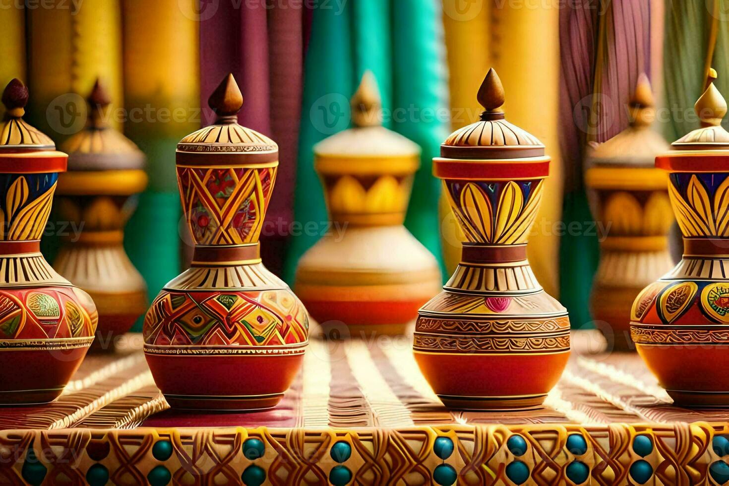 many colorful vases are lined up on a table. AI-Generated photo