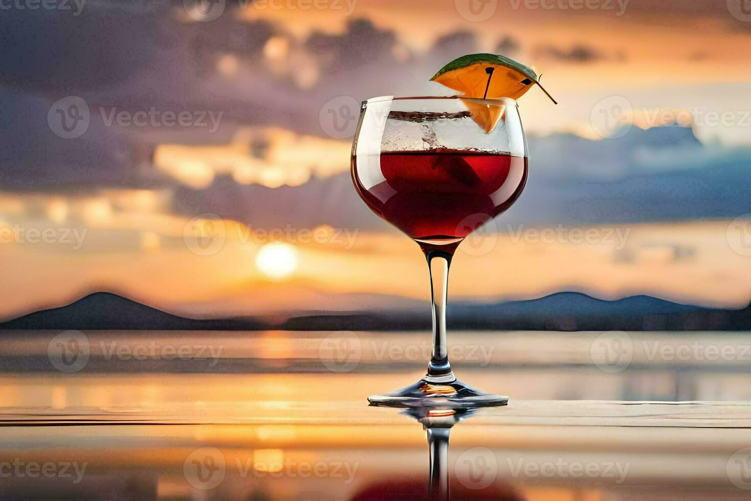 a glass of red wine with a sunset in the background. AI-Generated photo