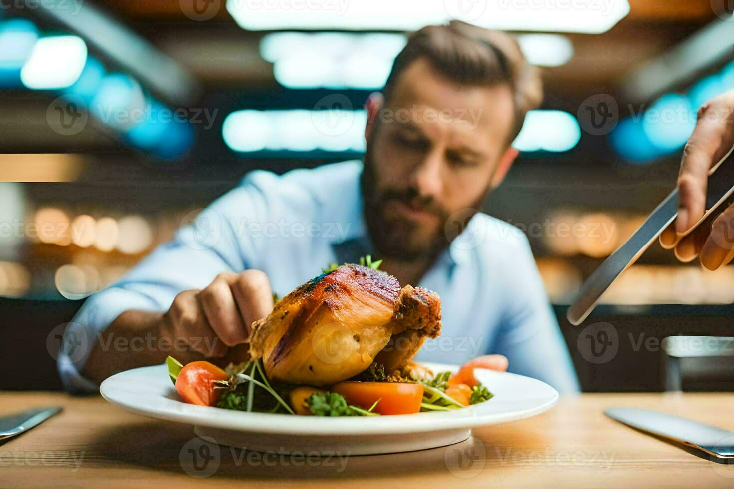 a man is cutting a chicken on a plate. AI-Generated photo