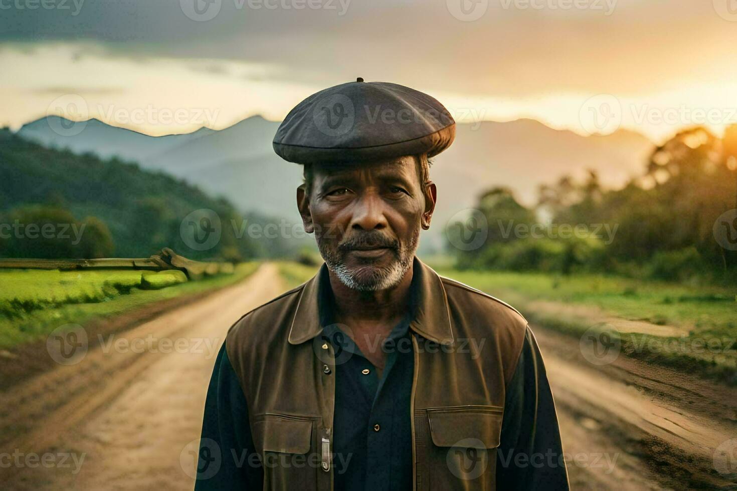 an african man standing on a dirt road with mountains in the background. AI-Generated photo