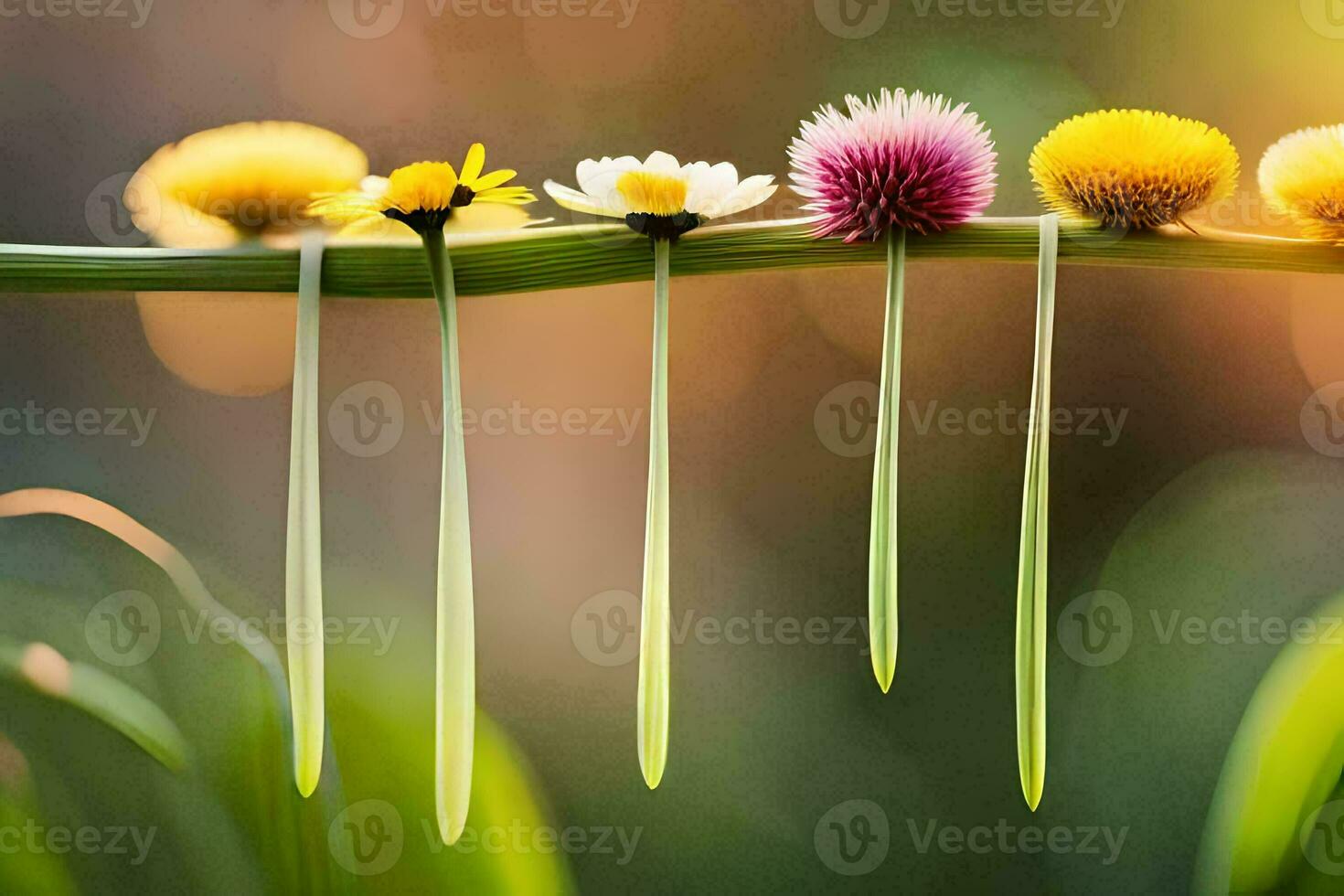 four different flowers are on a stem. AI-Generated photo