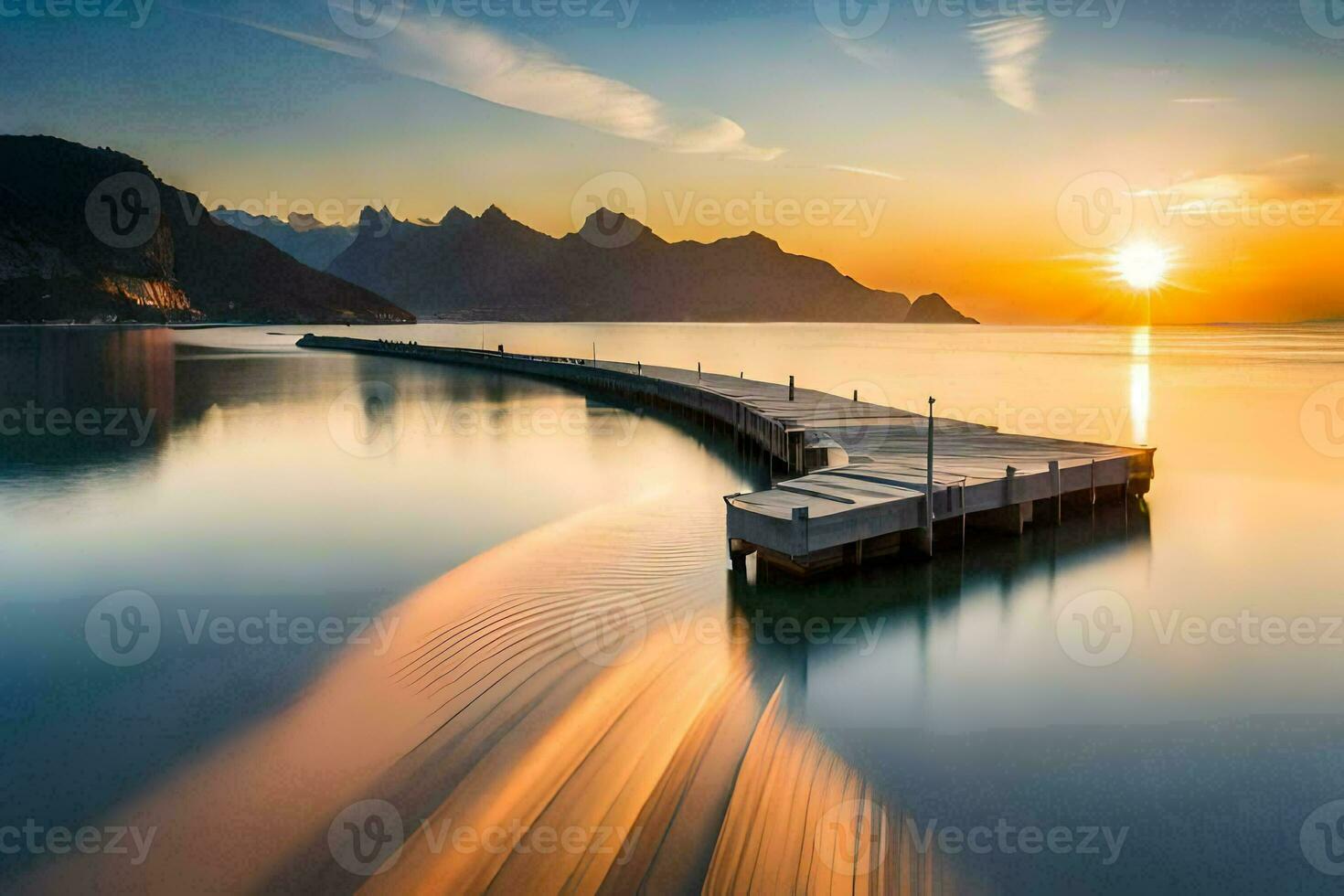 a long exposure photograph of a pier in the water. AI-Generated photo