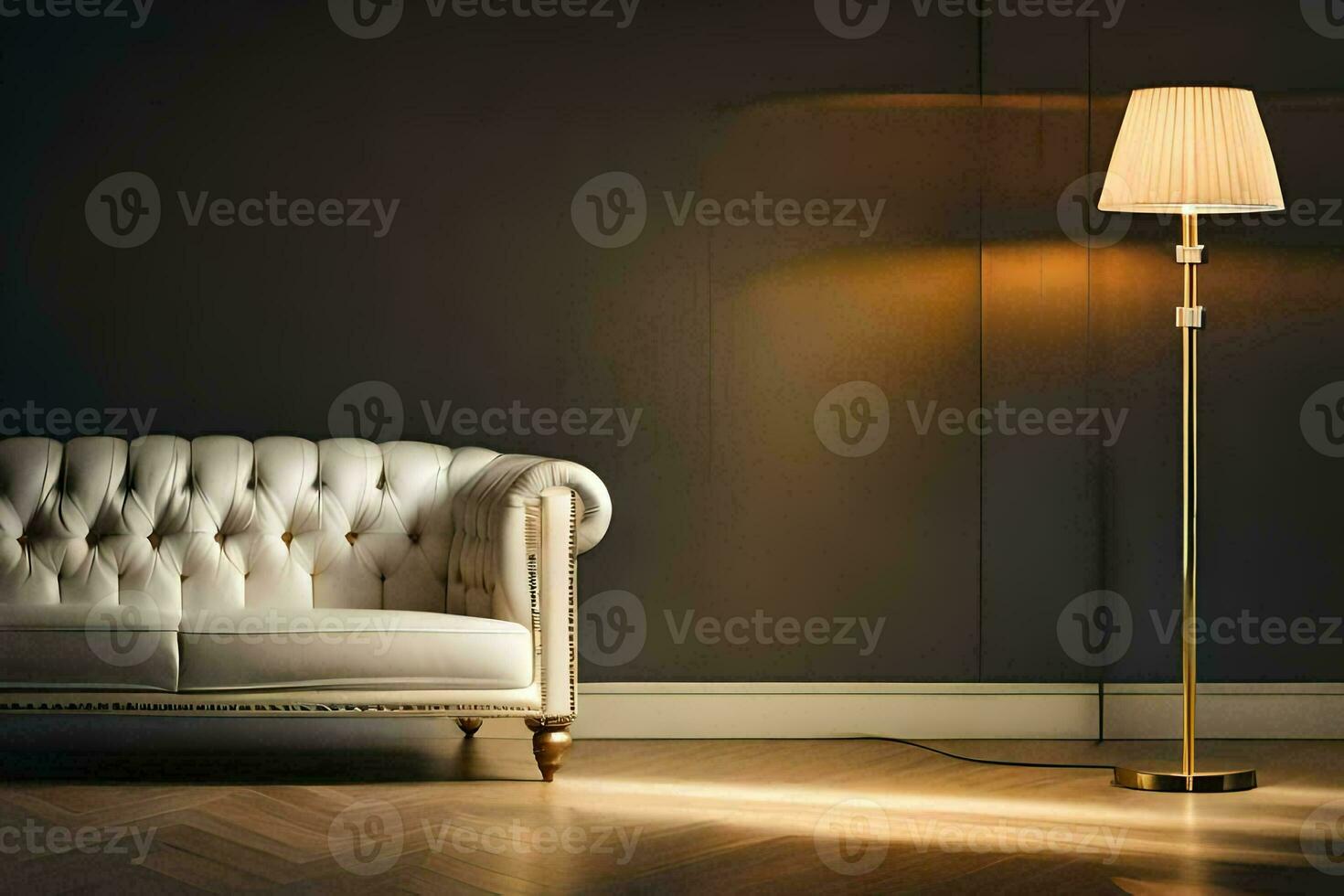 a white couch and lamp in a dark room. AI-Generated photo