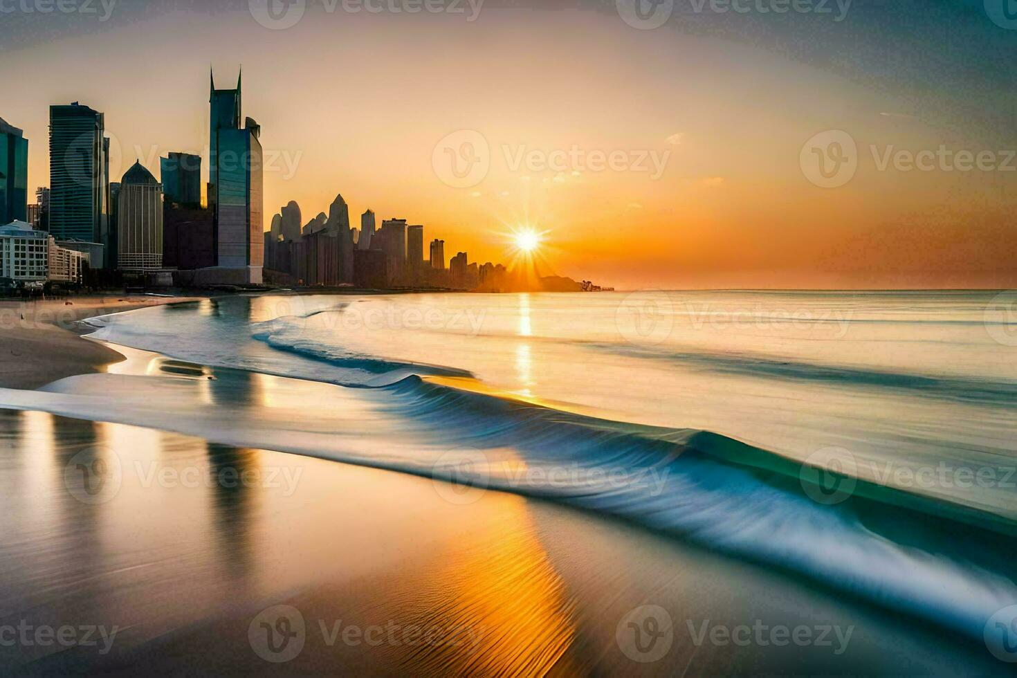 the sun sets over the city skyline in dubai. AI-Generated photo